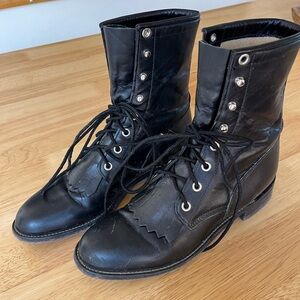 Justin Classic Vintage Black Western Leather Lace Up Roper Boots size 6.5